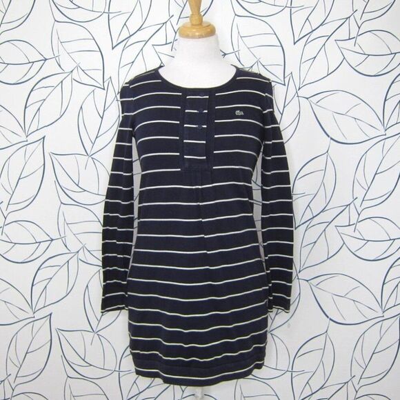 Lacoste Dresses & Skirts - Lacoste Navy Blue Striped Long Sleeve Dress w/ Pockets Cotton Size 34